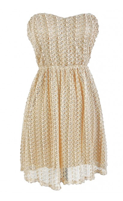 Cream and Gold Lace Bow Back Strapless Dress